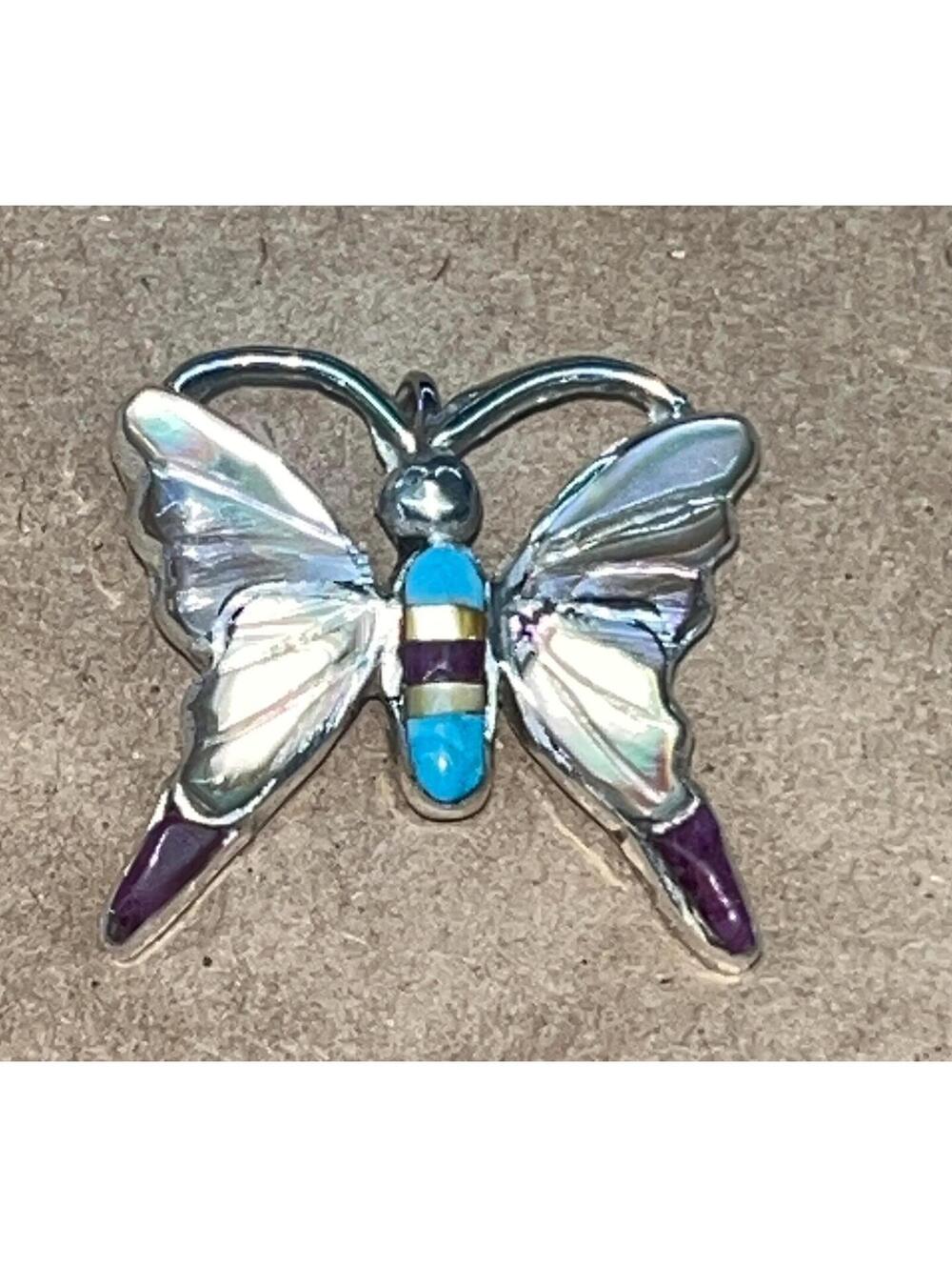 Native American Zuni handmade turquoise sterling silver inlay butterfly pendant